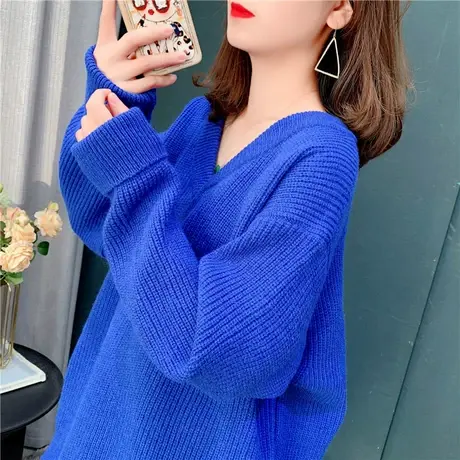 克莱因蓝V领毛衣女外穿春秋2022年新款宽松慵懒风套头针织衫上衣商品大图