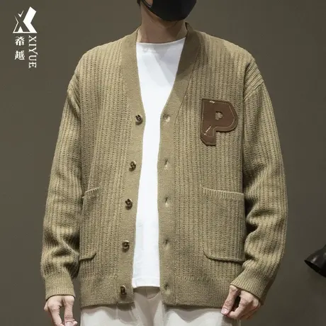 希越7针开衫针织外套男士秋季宽松大码日系青年慵懒高级感V领衬衫图片