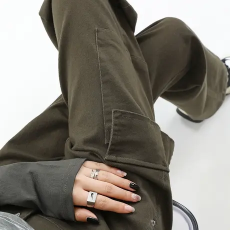 军绿色工装裤女2023新款秋季显瘦裤子休闲裤高腰阔腿裤窄版直筒裤商品大图