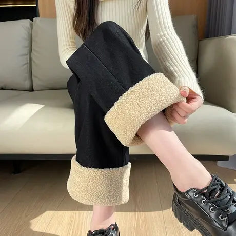羊羔毛加绒阔腿牛仔裤女冬季加厚小个子梨形身材宽松九分直筒裤子图片