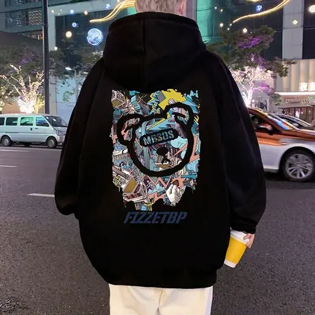 纯棉连帽卫衣男ins潮流秋冬季2023新款男装宽松休闲卡通小熊帽衫商品大图