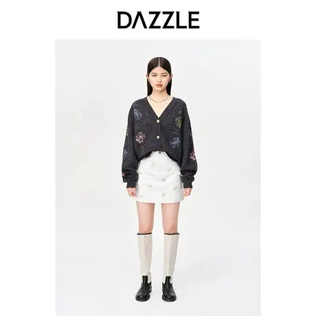 【七七酱专享】DAZZLE地素奥莱秋法式慵懒风宽松套头提花开衫毛衣商品大图