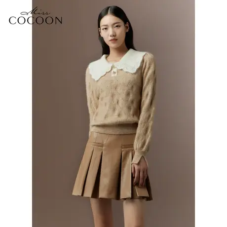 COCOON商场同款2023秋冬新款美拉德娃娃领灯笼袖廓形羊驼毛针织衫商品大图