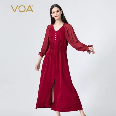 VOA真丝40姆米双面乔红色V领单排珍珠拼接花瓣袖百搭桑蚕丝连衣裙图片