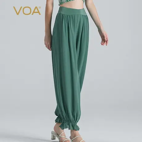 VOA灰绿双层乔其桑蚕丝自然腰宽松侧口袋束脚个性嘻哈真丝灯笼裤商品大图