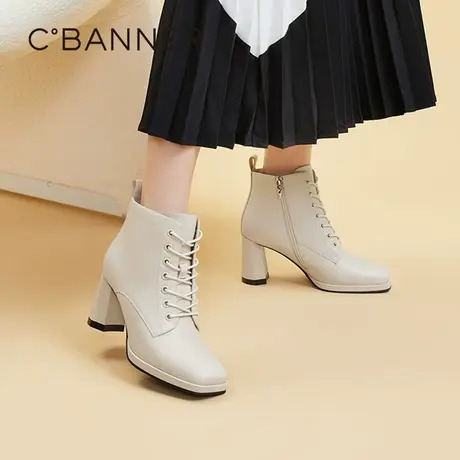 千百度女鞋冬季新款时装靴几何艺术真皮裸靴粗跟高跟靴短靴商品大图