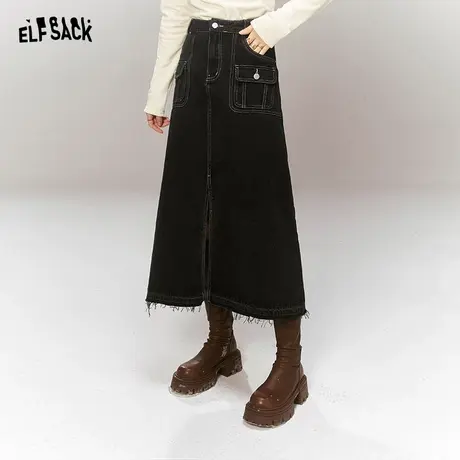 妖精的口袋a字牛仔半身裙女2024春季新款高腰毛边设计感半身长裙图片
