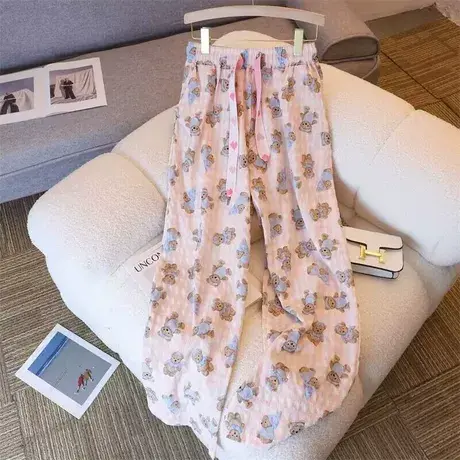 卡通小熊格子松紧腰阔腿裤子女夏季高腰显瘦休闲直筒裤商品大图