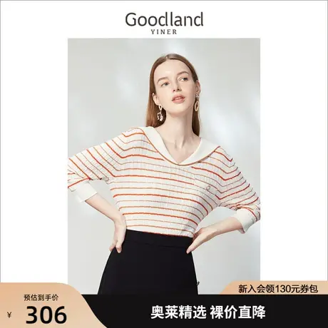 音儿美地女装2023春季新款通勤时尚海军领八分袖条纹针织衫套头商品大图