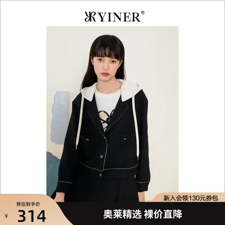 【小香风】音儿美地女装2022秋季新款黑色复古拼接连帽宽松短外套商品大图