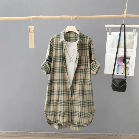港风中长款长袖格子衬衫女秋季新款韩版宽松外套上衣休闲开衫女装商品大图