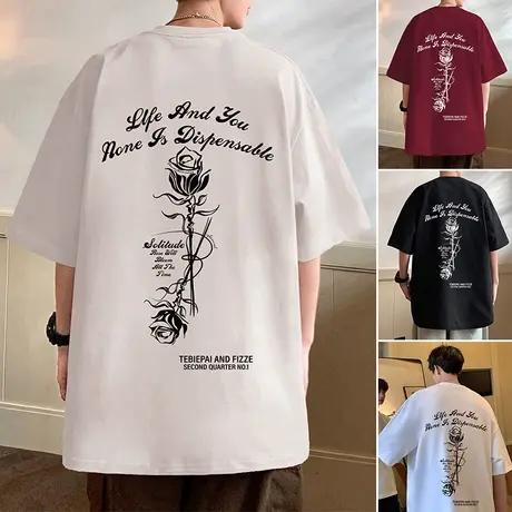 潮牌玫瑰印花情侣短袖T恤男夏季薄款透气纯棉港风宽松半袖上衣服商品大图