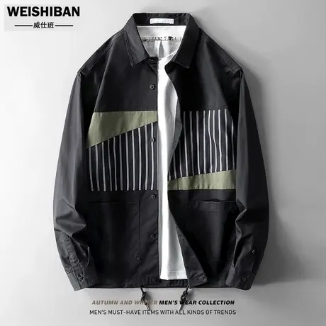 美式休闲宽松衬衫型外套男高级感不规则拼接长袖衬衣潮流炸街上衣图片