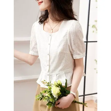 时尚气质甜美方领短袖衬衫2023年夏季新款淑女温柔简约显瘦上衣商品大图