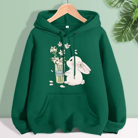 绿色连帽卫衣女春秋薄款2024新款秋装宽松大码女装小个子上衣外套商品大图