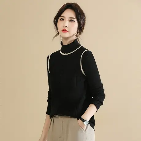 韩潮袭人气质半高领黑色毛衣女2023冬季新款修身显瘦打底衫上衣商品大图
