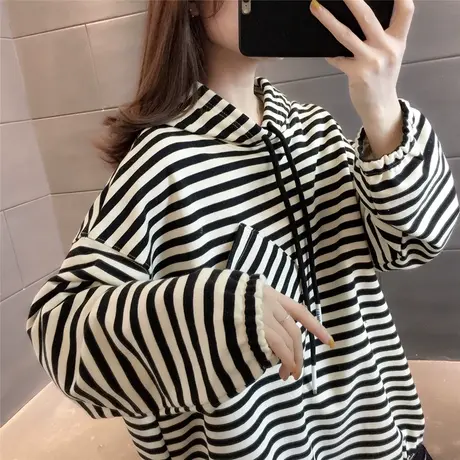 爆款条纹连帽卫衣2023年新款宽松韩版春秋百搭女士潮牌设计感上衣图片