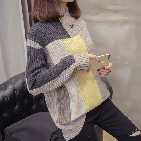 短款拼色针织半高领外穿上衣秋冬季新款韩版打底衫慵懒风宽松女商品大图