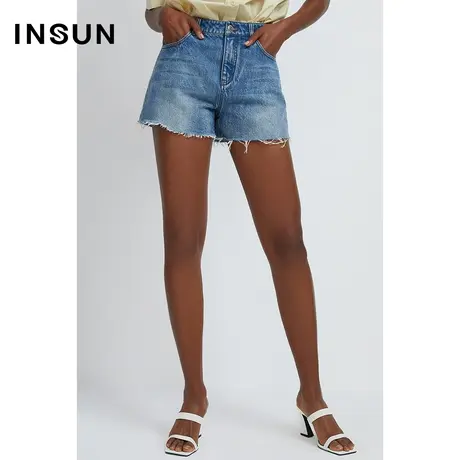 INSUN恩裳夏季纯棉毛边工艺牛仔短裤商品大图