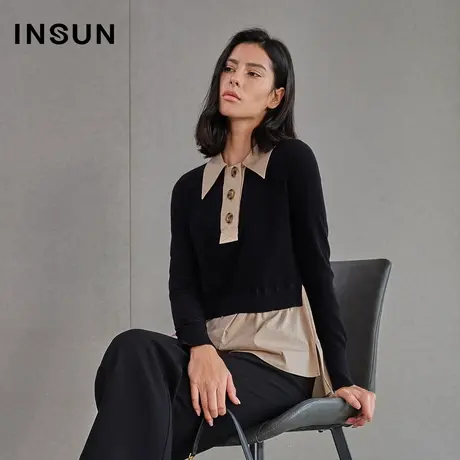 恩裳春季大翻领拼接撞色长袖毛针织衫衬衫商品大图