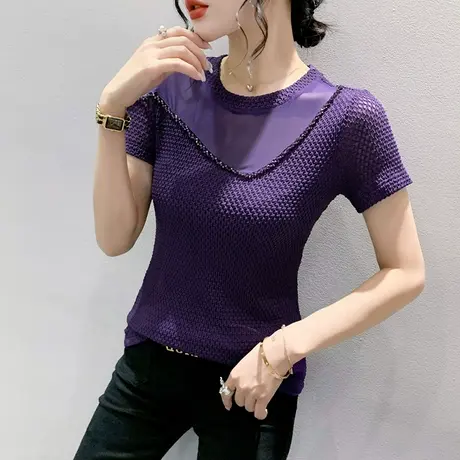 欧货网纱拼接T恤女短袖夏季性感修身上衣百搭气质小衫钉珠丅恤潮商品大图