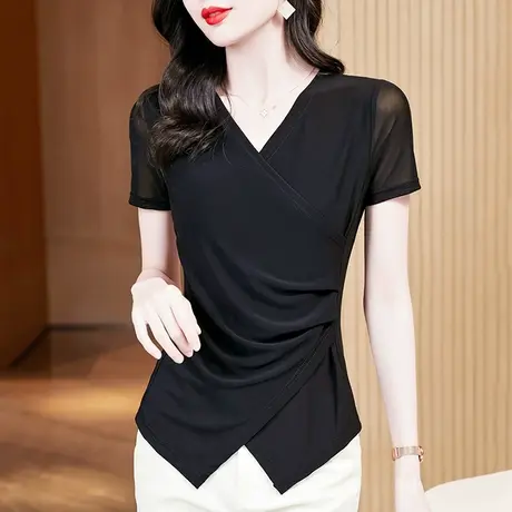 黑色网纱T恤女短袖时尚洋气开叉收腰小衫性感V领上衣别致百搭体恤图片
