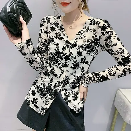 2024新款潮复古碎花V领衬衫女装设计感小众长袖上衣春秋外搭开衫商品大图