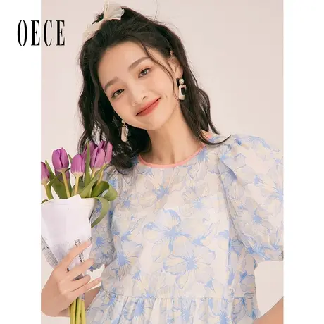 Oece碎花短袖衬衫女春夏季新款女装复古薄荷绿上衣高级感小衫图片