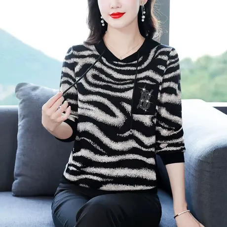 秋装女士连帽卫衣打底衫2023新款秋季条纹气质长袖t恤高档妈妈装商品大图