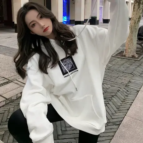 连帽卫衣女秋装2024新款oversize美式复古薄款外套中长款宽松上衣商品大图