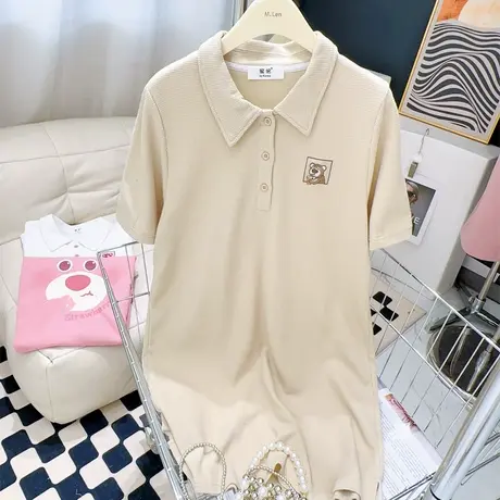 小个子短袖连衣裙夏季韩国东大门学院风polo领华夫格中长款T恤裙图片