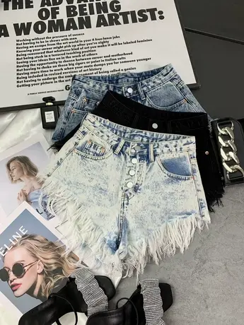 韩国排扣毛边牛仔短裤2023春夏新款显瘦百搭高腰裤性感辣妹阔腿裤商品大图