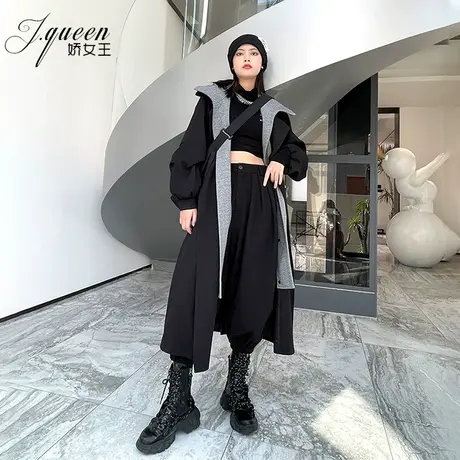 卡其色风衣外套女秋季气质韩版宽松假两件连帽中长款休闲百搭大衣商品大图