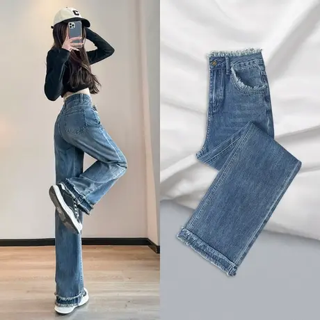 复古毛边窄版阔腿牛仔裤女宽松2023年春秋新款高腰显瘦美式直筒裤商品大图