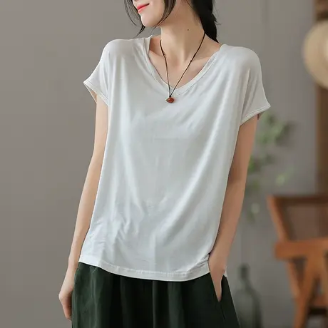 dza 复古薄款宽松短袖t恤女夏季漂亮半袖体恤纯色V领短款白色上衣商品大图