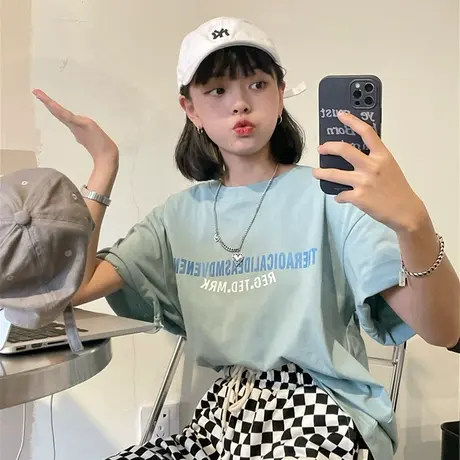 红续新款韩版宽松字母oversize盐系少女温柔风ins纯棉短袖T恤上衣商品大图