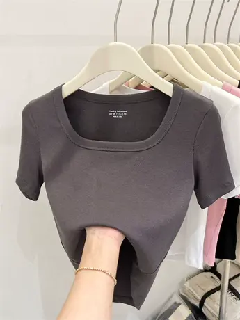 方领短袖t恤女夏季2023新款时髦时尚洋气短款上衣螺纹打底衫女潮商品大图