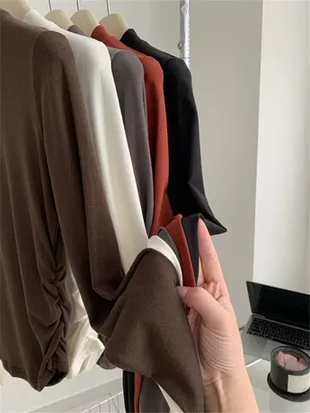 糯叽叽小立领抽褶打底衫女羊绒质感修身显瘦长袖T恤秋冬保暖内搭商品大图