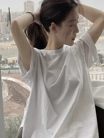 2023新款春夏季白色仿棉短袖t恤女宽松小众设计感别致上衣服ins潮商品大图