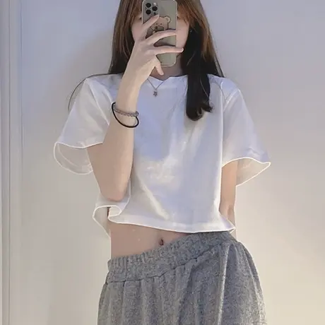 纯欲甜辣chic港味短款宽松露脐上衣ins潮短袖t恤女夏别致漂亮小衫商品大图