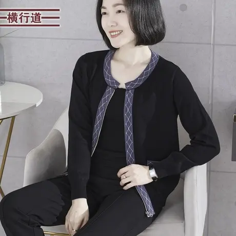 2024春季新款休闲撞色圆领提花口袋长袖毛衣开衫女装外套大码上衣图片