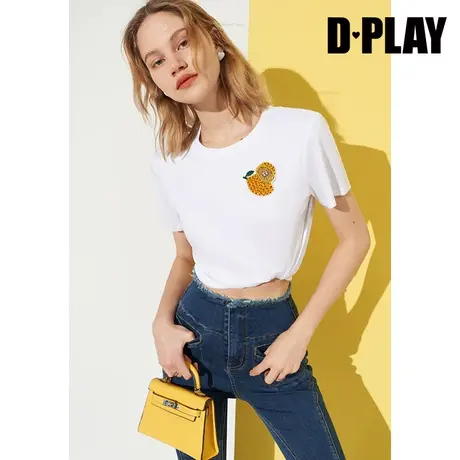 DPLAY夏新款ins风黑色圆领重工刺绣休闲小落肩短袖T恤商品大图