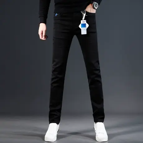 欧美高端牛仔裤男2023新款秋冬季纯黑色修身小脚弹力休闲男士裤子商品大图