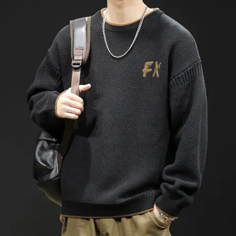 毛衣男春季2024新款慵懒风针织潮牌假两件宽松大码男士外套春秋款图片