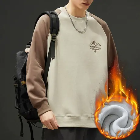 秋冬款男生潮牌撞色加绒保温长袖上衣服冬季内搭加厚重磅圆领卫衣商品大图