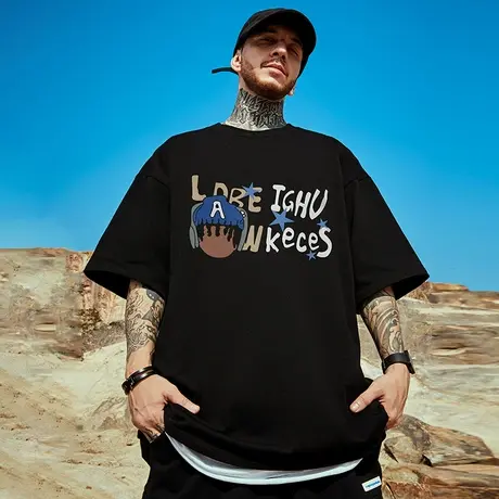 美式重磅潮牌宽松T恤胖子短袖男加肥加大五分袖纯棉大码男装夏季图片