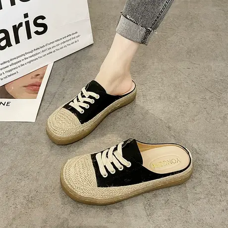 学生渔夫鞋女2024春夏新款前系带厚底草编麻绳包头拖鞋懒人穆勒鞋图片