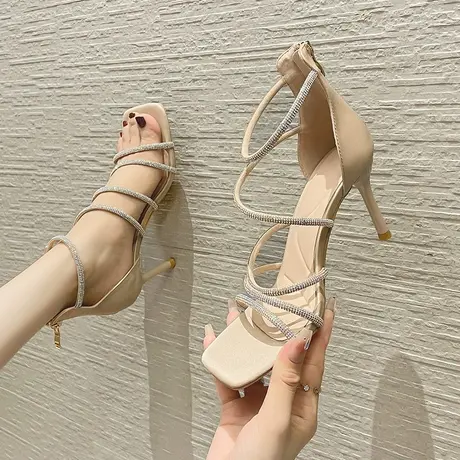 罗马凉鞋女细跟2024夏季新款性感气质设计感小众水钻一字带高跟鞋商品大图