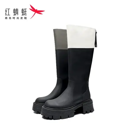 红蜻蜓厚底长筒靴2022冬季新款女鞋英伦风撞色拼接时装靴休闲靴子商品大图