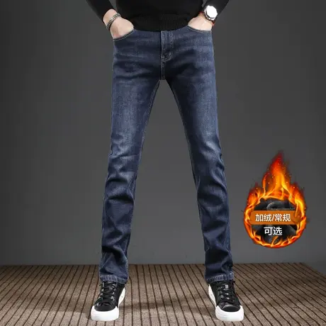 蓝色加绒加厚牛仔裤男款冬季修身直筒弹力百搭保暖男士裤子秋冬款商品大图